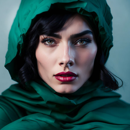 Portrait of a beautiful brunette woman in green raincoat.の素材