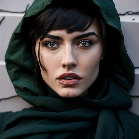 beautiful young woman in green coat and black scarf looking at cameraの素材