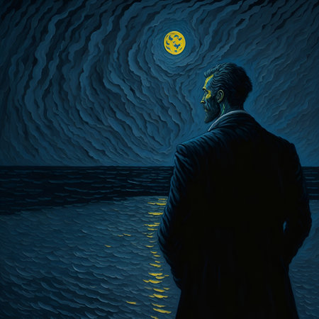The man stands with his back and looks at the moon. midnight. from the window the moon shines reflected in the sea. .Style Van Gogh oil painting.The drawing was AI-generated.の素材