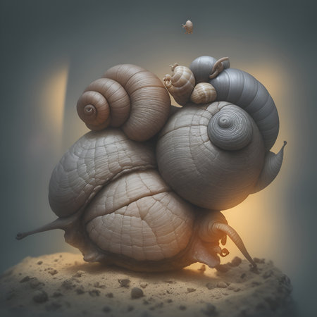 A surreal photo of a giant snail carrying a small house on its back. Snail on a snail. High rise building conceptの素材