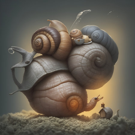 A surreal photo of a giant snail carrying a small house on its back. Snail on a snail. High rise building conceptの素材