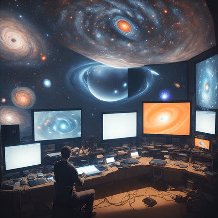 man by computer and creating images generated by artificial intelligence, images showing the universe on the screen, the universe dissolves into a room growing out of the screen, planets fly through the room, the universe is projected around him, in the style of fantastic photorealismの素材