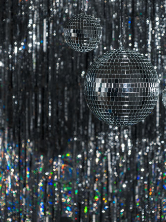 disco ball on the background of a bright tinsel, close-upの写真素材