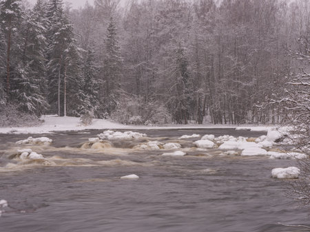 Winter waterfall with fast flow surrounded by snowy banks in a forest. Long exposure creates a soft water effect, highlighting the northern winter landscape.の写真素材