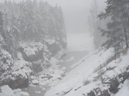 A snowy canyon with snow-covered rocks and trees in a winter forest. A soft mist envelops the landscape, creating an atmosphere of northern winter nature.の写真素材