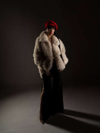 A modern, stylish, slim woman in a white fur coat, brunette with long hair, wearing a red beret. Elegant fashion photography.âの写真素材