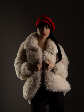 A modern, stylish, slim woman in a white fur coat, brunette with long hair, wearing a red beret. Elegant fashion photography.âの写真素材