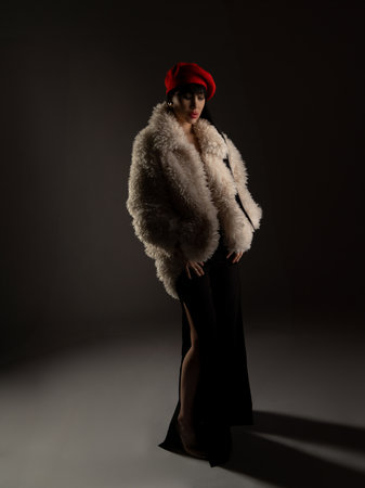 A modern, stylish, slim woman in a white fur coat, brunette with long hair, wearing a red beret. Elegant fashion photography.âの写真素材