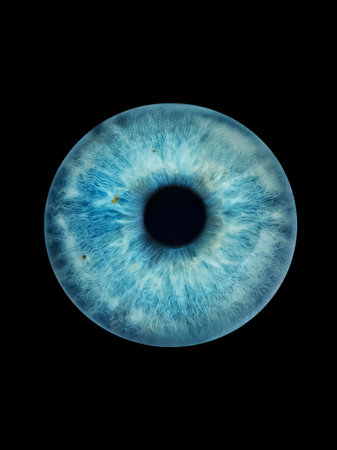 A macro photograph of the iris with fine details and rich shades of blue, cyan, and green. The deep contrast with the black backgroundの写真素材