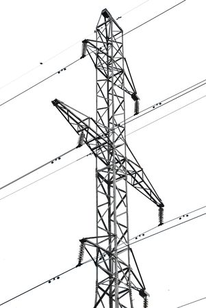 column of a transmission line on a white background with a high iron wire large slenderの写真素材
