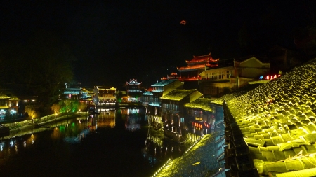 Night lights at Fenghuang Phoenix Ancient town  Hunan Chinaの素材