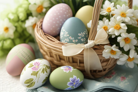 Basket with Easter eggs and flowers on napkin, closeupの素材