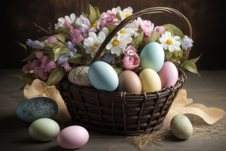 Easter eggs in a basket with flowers on a wooden background.の素材