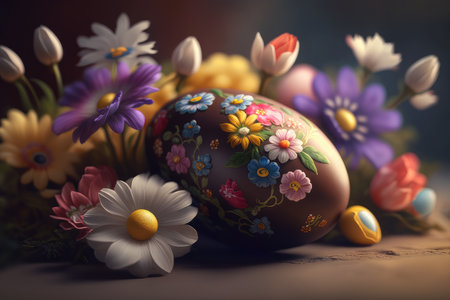 Colorful easter eggs with flowers on dark background. 3d illustrationの素材