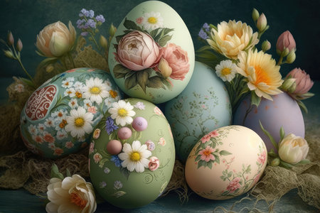 Colorful easter eggs with flowers on the old wooden background.の素材