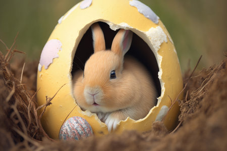 Cute little rabbit in the nest of egg. Easter background.の素材