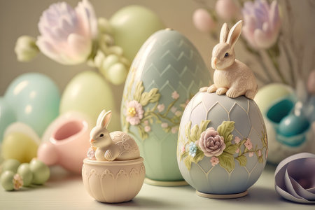 Easter eggs with cute bunnies and flowers on wooden tableの素材