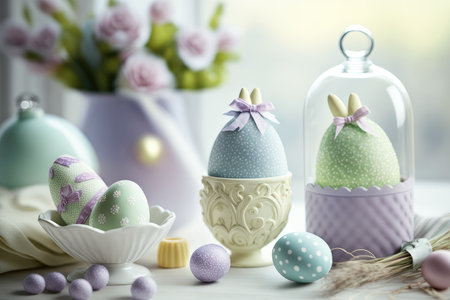 Easter eggs in a vase on a white wooden background.の素材