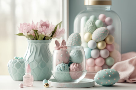 Easter composition with pastel colored eggs in glass vase on windowsillの素材