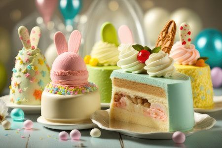 Colorful Easter cakes with bunny ears and eggs on white wooden tableの素材