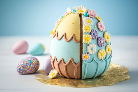 Easter cake decorated with flowers and colorful eggs on a blue backgroundの素材