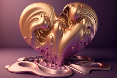 3d rendering of a golden heart on a purple background with wavesの素材