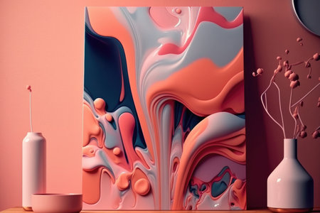 3d render, abstract composition with pink and blue liquid shapes, vase with flowers and candleの素材