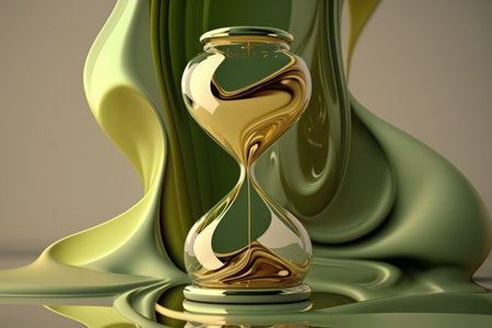 golden hourglass with flowing water on a green background. 3d renderingの素材