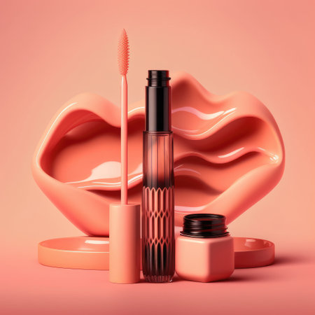 Mascara and lipstick on a pink background. 3d renderingの素材