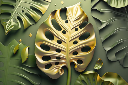 Monstera leaves on a green background. 3d rendering, 3d illustration.の素材