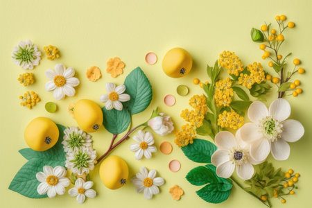 Flat lay composition with yellow lemons, daisies, chamomile flowers on green backgroundの素材