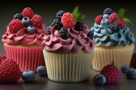 Colorful cupcakes with berries on a dark background, close upの素材