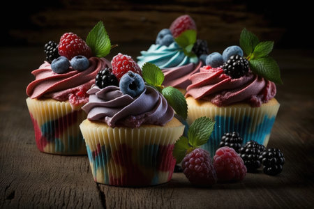 Cupcakes with fresh berries on wooden background. Toned.の素材