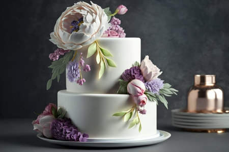Beautiful wedding cake decorated with flowers on gray table, closeupの素材