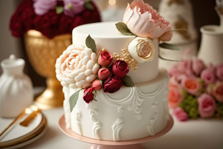Wedding cake decorated with roses and pearls, closeupの素材