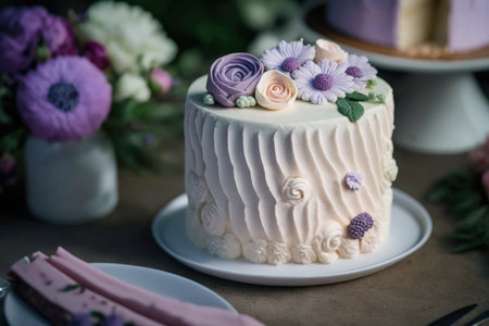 Wedding cake decorated with flowers and buttercream on a plateの素材
