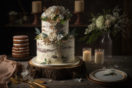 Wedding cake with flowers and candles on rustic wooden backgroundの素材