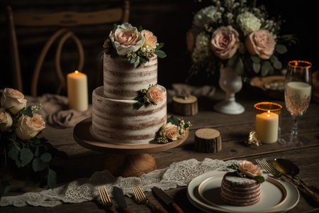 Wedding cake with roses on a wooden table. selective focus.の素材