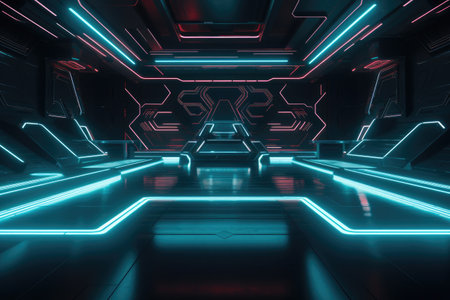 Futuristic scifi tunnel corridor with glowing lights 3D renderingの素材