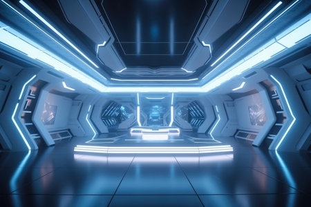 3d rendering. Futuristic blue and white spaceship interior with glowing lightsの素材