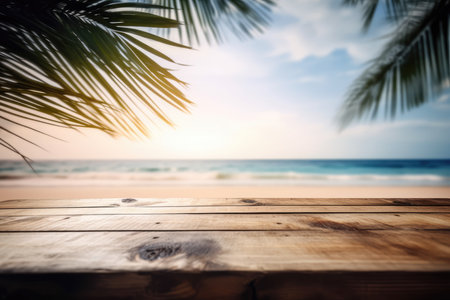 Wooden table top with blur tropical beach background. Summer vacation concept.の素材