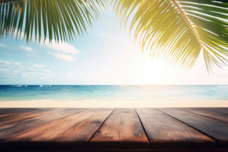 Wooden table top on blur tropical beach background - can be used for display or montage your productsの素材