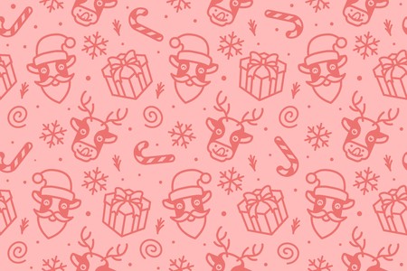 christmas pattern seamless background cute animal deer cow horse antler snowflakes candy gift white vector tiledのイラスト素材