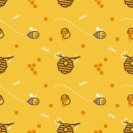 cute flying little bee hive honeycomb with honey jar vector seamless pattern backgroundのイラスト素材