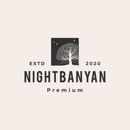 night banyan tree hipster vintage logo vector icon illustrationのイラスト素材
