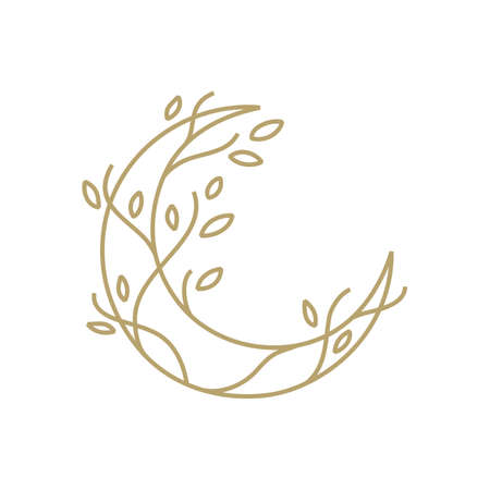 moon tree crescent root leaf outline gold logo vector icon illustrationのイラスト素材
