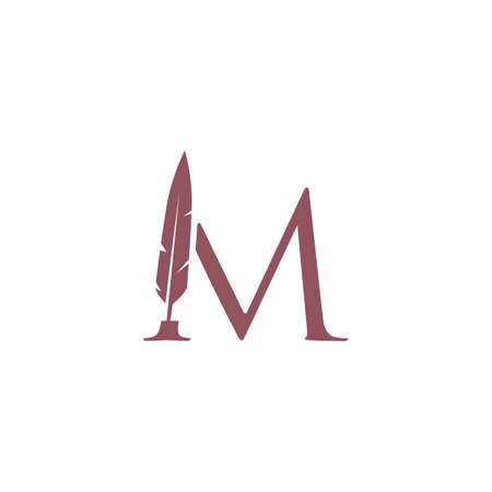 m letter mark feather pen signature quill logo vector icon illustrationのイラスト素材