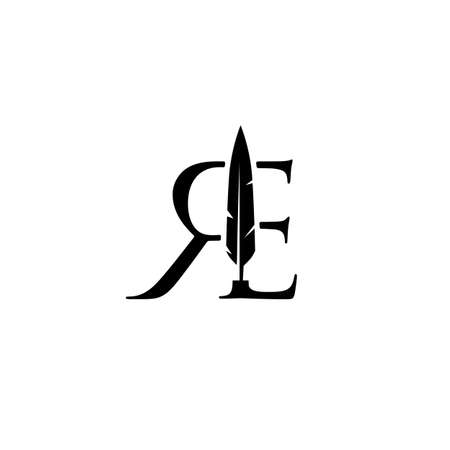 re letter mark feather pen signature quill logo vector icon illustrationのイラスト素材