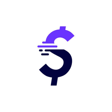 dollar mark dash money tech digital fast quick delivery movement purple logo vector icon illustrationのイラスト素材