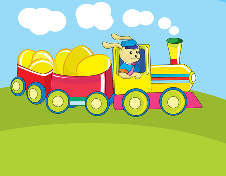 Easter card with a rabbit driving a train delivering eggsのイラスト素材